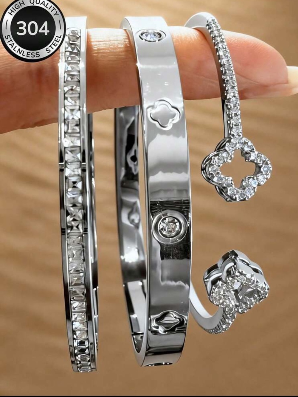 Polished Silver Crystal Stainless Steel Bangle Set - Women's Bracelet